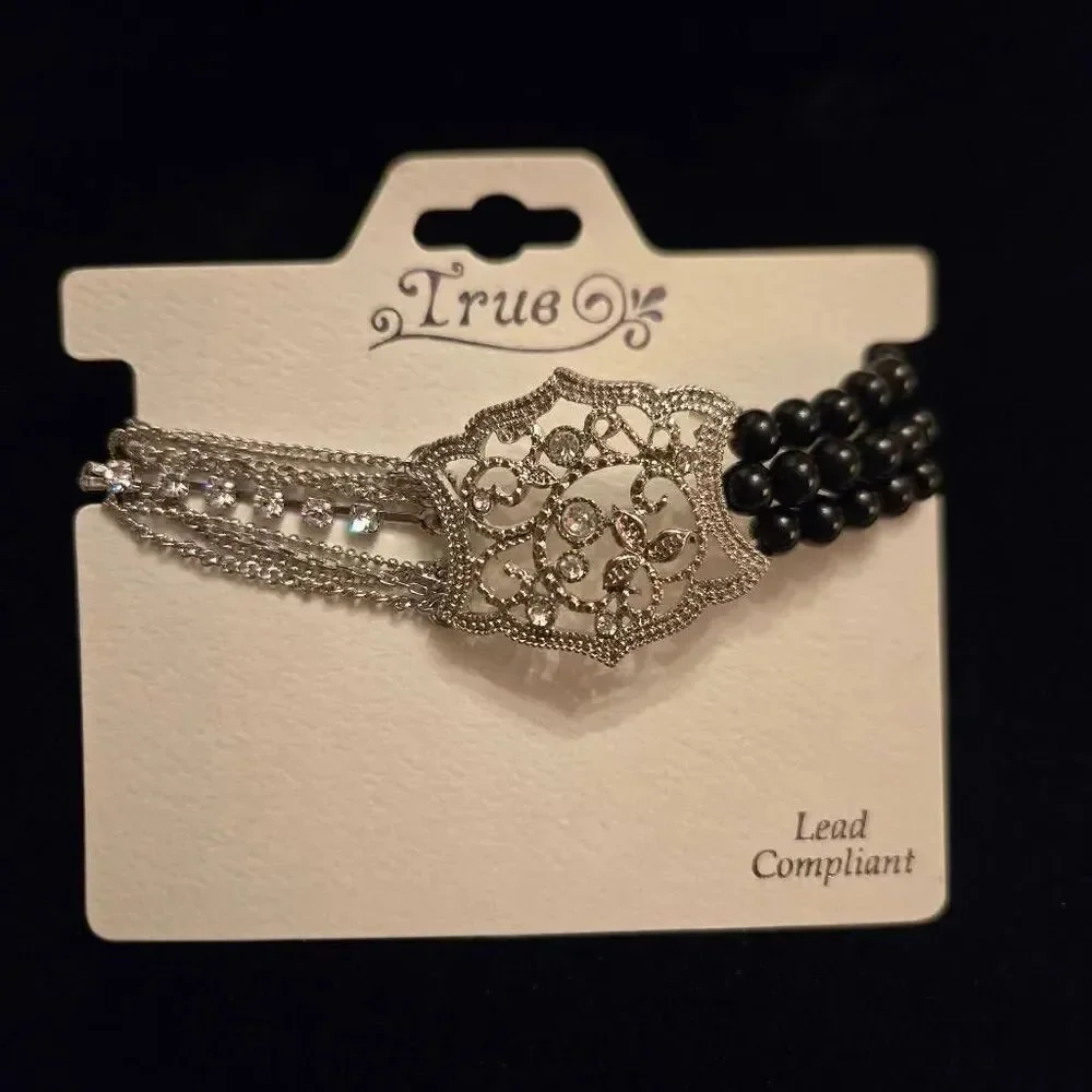NEW Stretch Bracelet Black Silver Chain Rhinestone